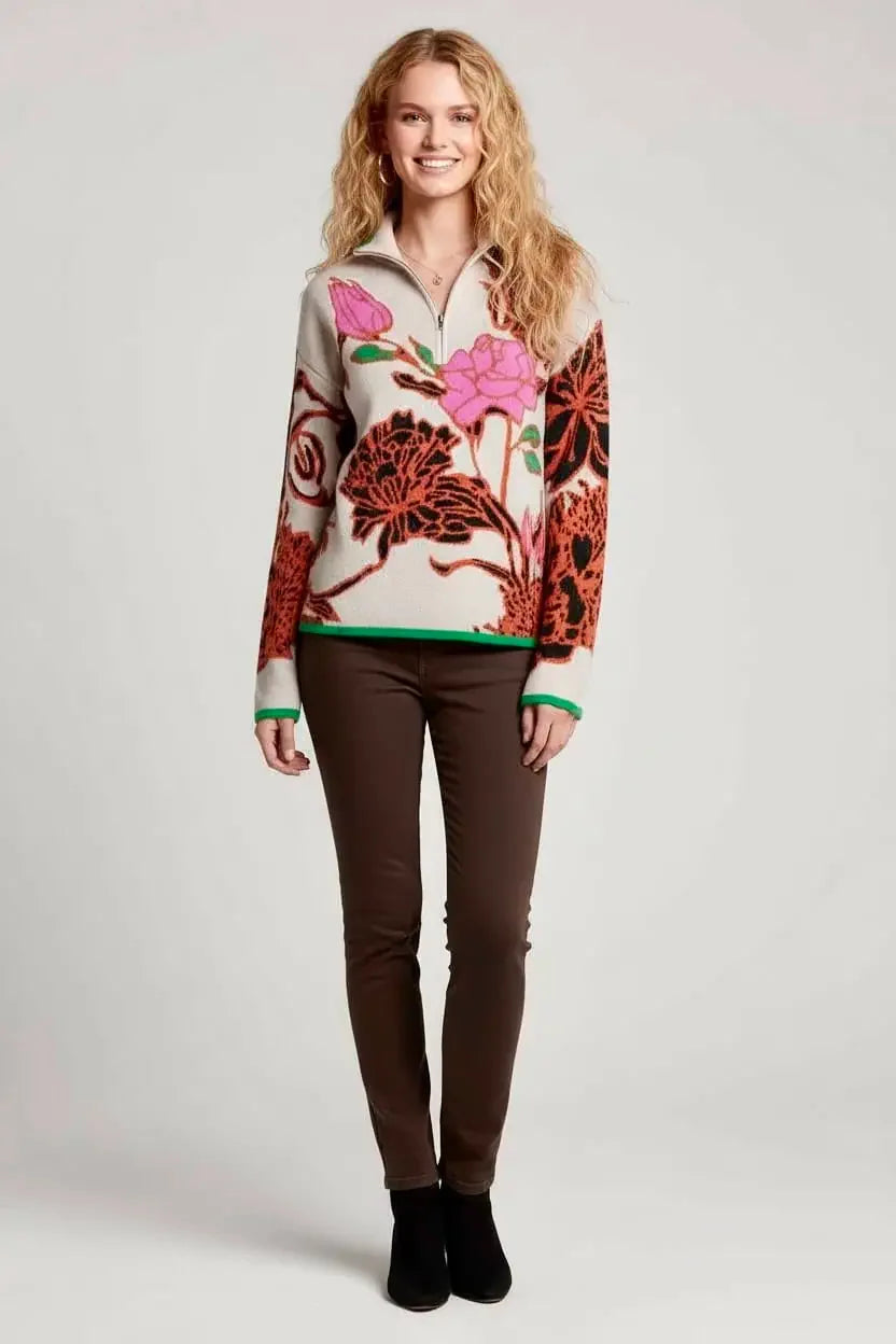 Floral embroidered knit quarter zip sweater with pink red flowers green trim