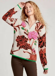 Floral pattern knit quarter zip sweater with green trim