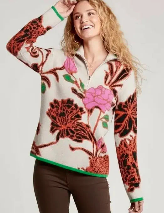 Floral pattern knit quarter zip sweater with green trim