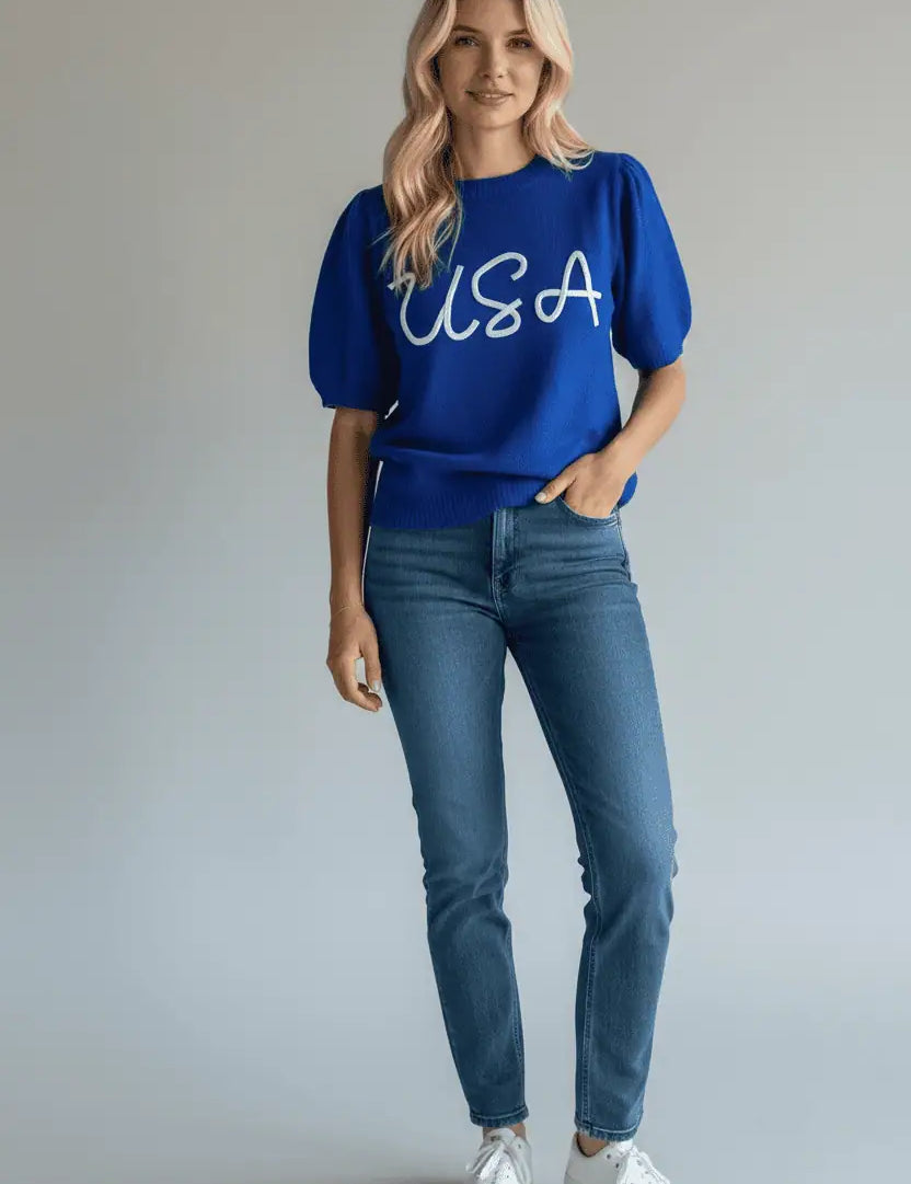 Haptics Patriotic USA Blue Knit Embroidery Puff Sleeve Sweater Top | Sweaters Daverri Fashions