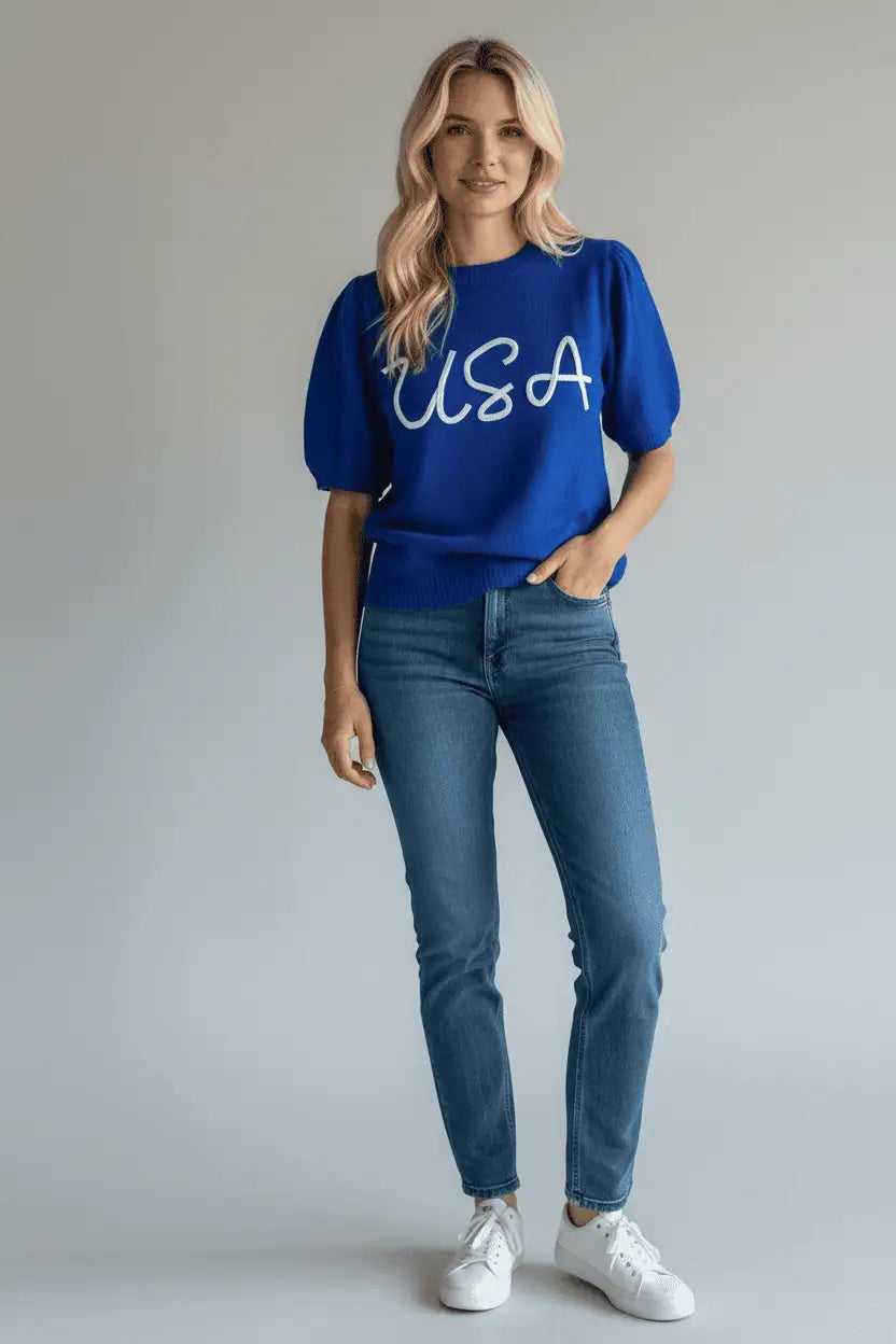 Haptics Patriotic USA Blue Knit Embroidery Puff Sleeve Sweater Top