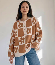 Flower Plaid Henley Baggy Sweater | Sweaters Daverri Fashions