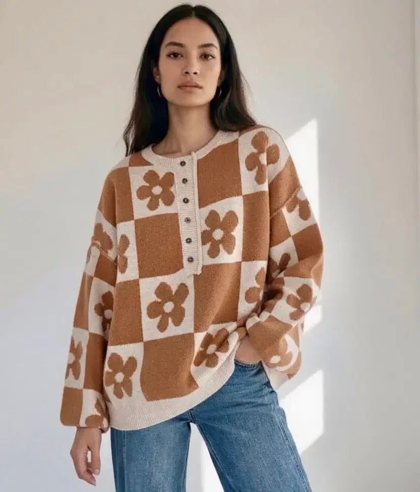 Flower Plaid Henley Baggy Sweater - DAVERRI FASHIONS