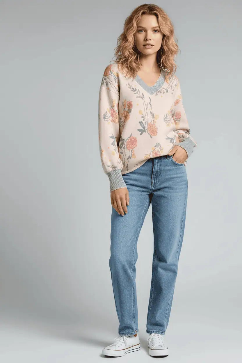 Floral Pattern Striped V Neck Loose Sweater