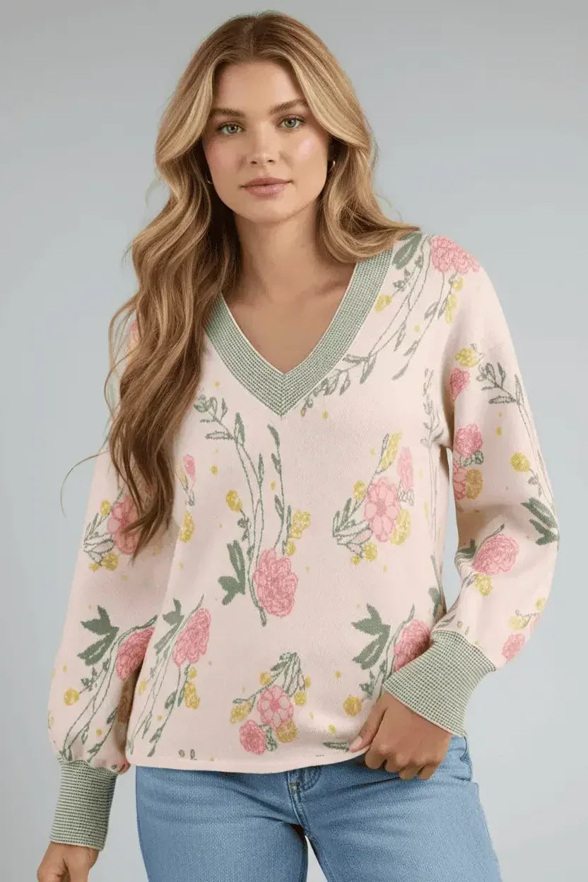 Floral Pattern Striped V Neck Loose Sweater - DAVERRI FASHIONS