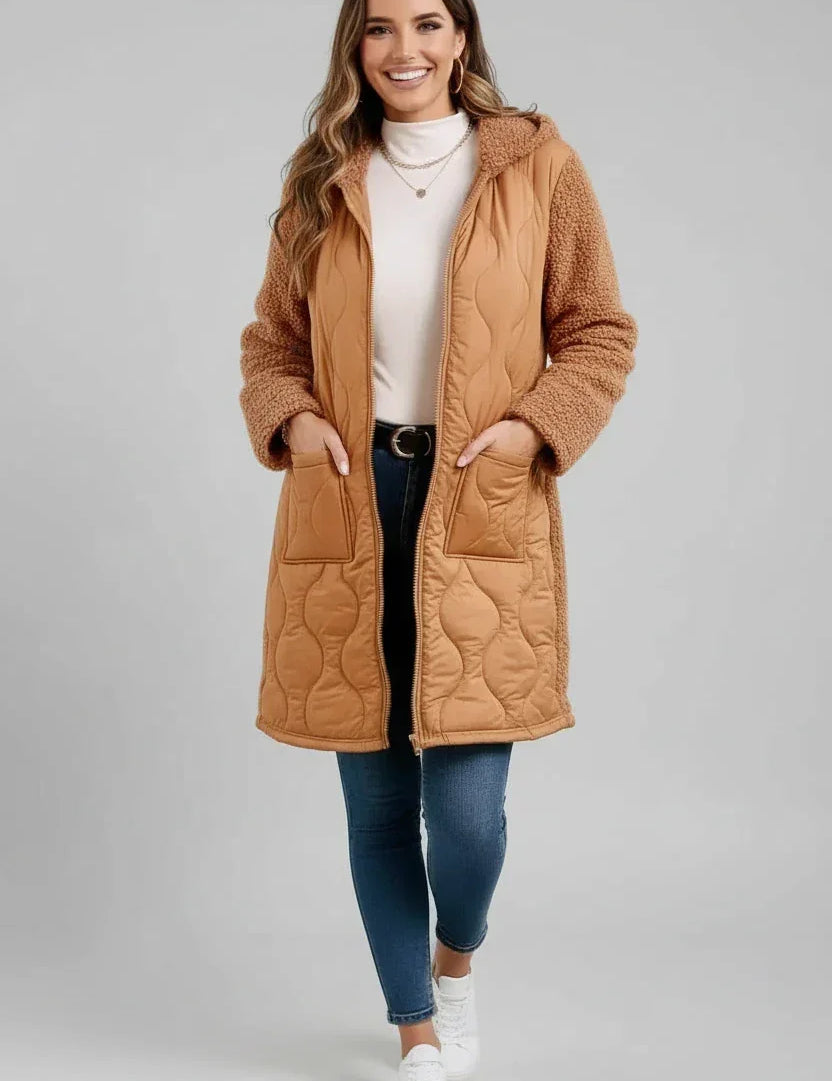 Camel quilted puffer coat with fur-lined hood and pockets