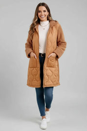 Camel quilted puffer coat with fur-lined hood and pockets