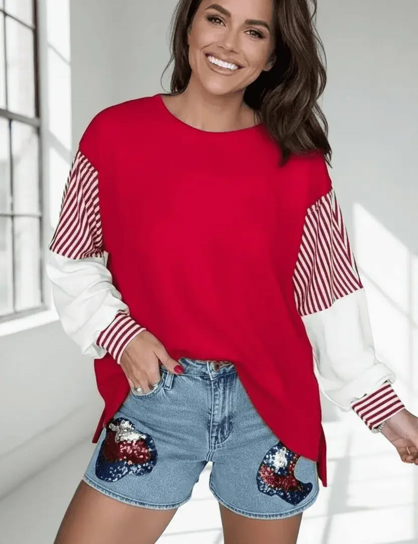 Red and white striped sleeve sweatshirt with floral embroidered denim shorts