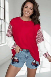 Red and white striped sleeve sweatshirt with floral embroidered denim shorts