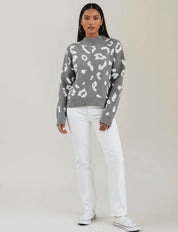 Leopard mock neck sweater in white and gray soft knit