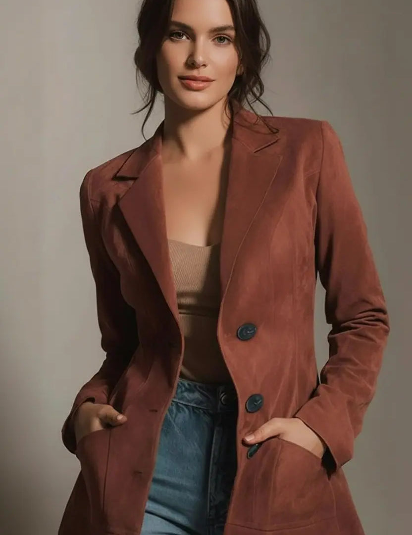 Rust-colored relaxed-fit double-breasted blazer with large buttons