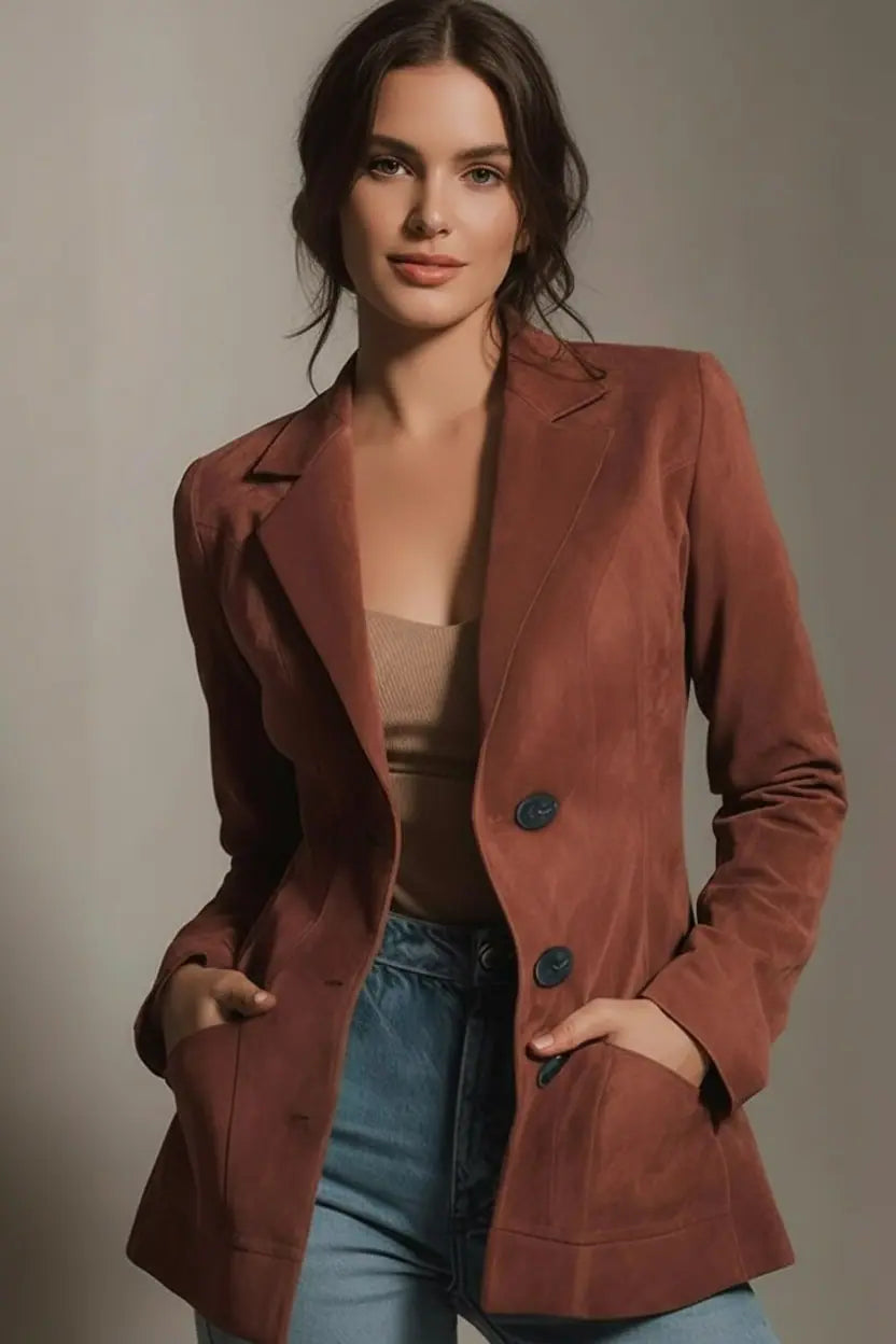Rust-colored relaxed-fit double-breasted blazer with large buttons