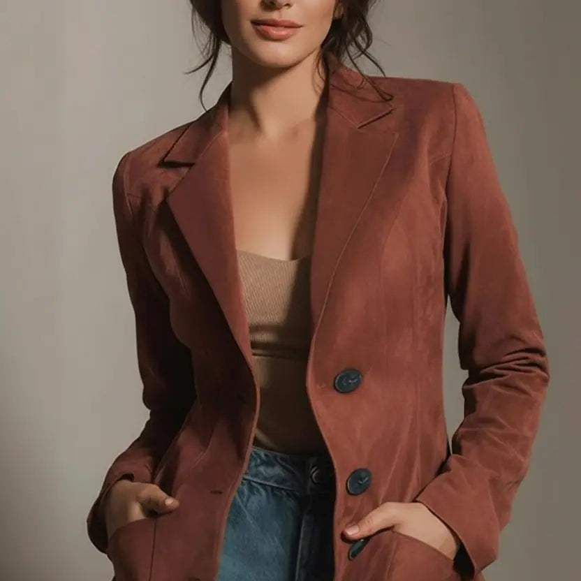 Rust-colored relaxed-fit double-breasted blazer with large buttons