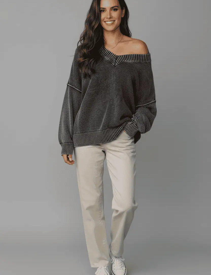 Charcoal washed cotton drop shoulder V-neck sweater with ribbed details