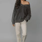 Washed Cotton Drop Shoulder V-Neck Long Sleeve Sweater - DAVERRI FASHIONS