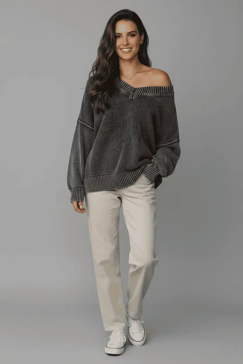 Washed Cotton Drop Shoulder V-Neck Long Sleeve Sweater - DAVERRI FASHIONS