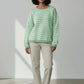 Mint green zigzag wavy striped round neck knit sweater with long sleeves