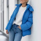 Royal blue hooded puffer jacket with pockets and zip-up quilted design