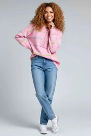 Pink Contrast Striped Half Button Sweater with Jeans and Sneakers