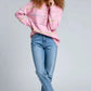 Pink Contrast Striped Half Button Sweater with Jeans and Sneakers