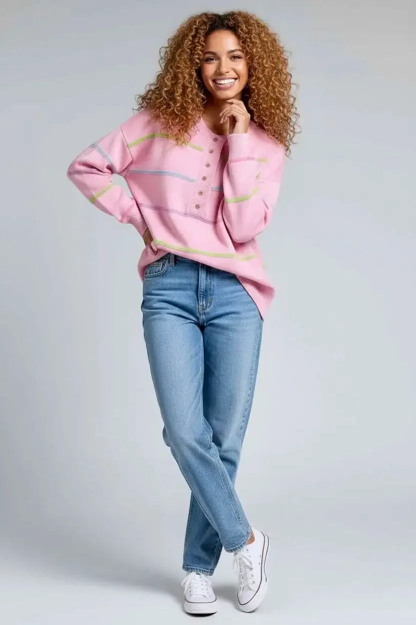 Pink Contrast Striped Half Button Sweater with Jeans and Sneakers
