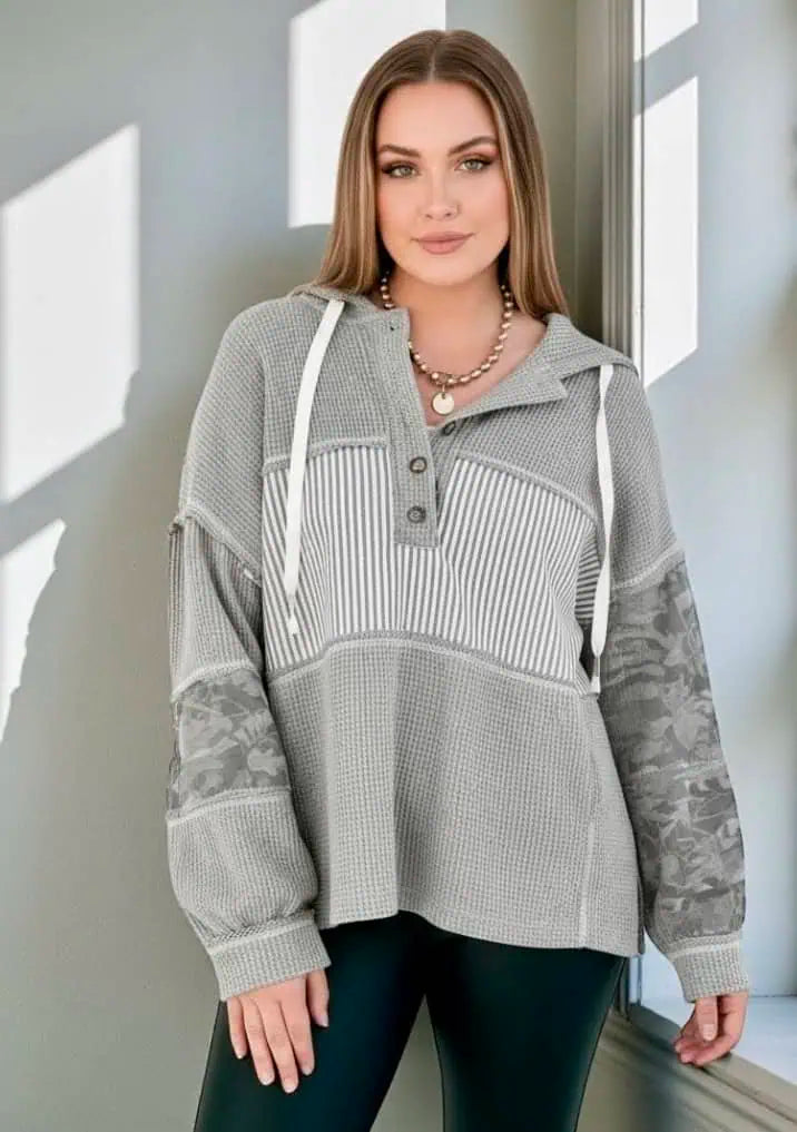 Daverri Fashions Waffle Knit Oversized Striped Drawstring Hoodie