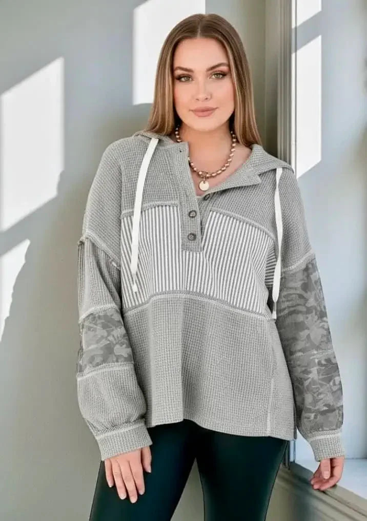 Grey camouflage oversized waffle knit hoodie with drawstring hood