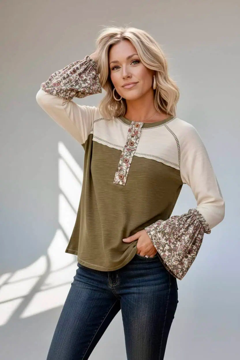 Kori America Floral Contrast Boho Bell Sleeve Cotton T-Shirt