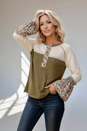 Kori America Floral Contrast Boho Bell Sleeve Cotton T-Shirt