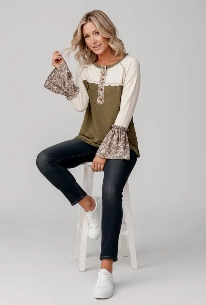 Kori America Floral Contrast Boho Bell Sleeve Cotton T-Shirt