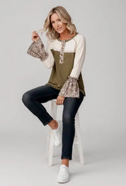Kori America Floral Contrast Boho Bell Sleeve Cotton T-Shirt