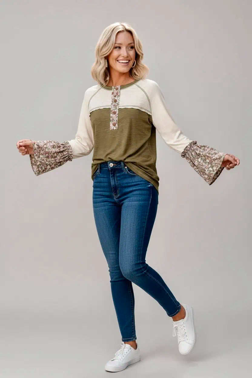 Kori America Floral Contrast Boho Bell Sleeve Cotton T-Shirt