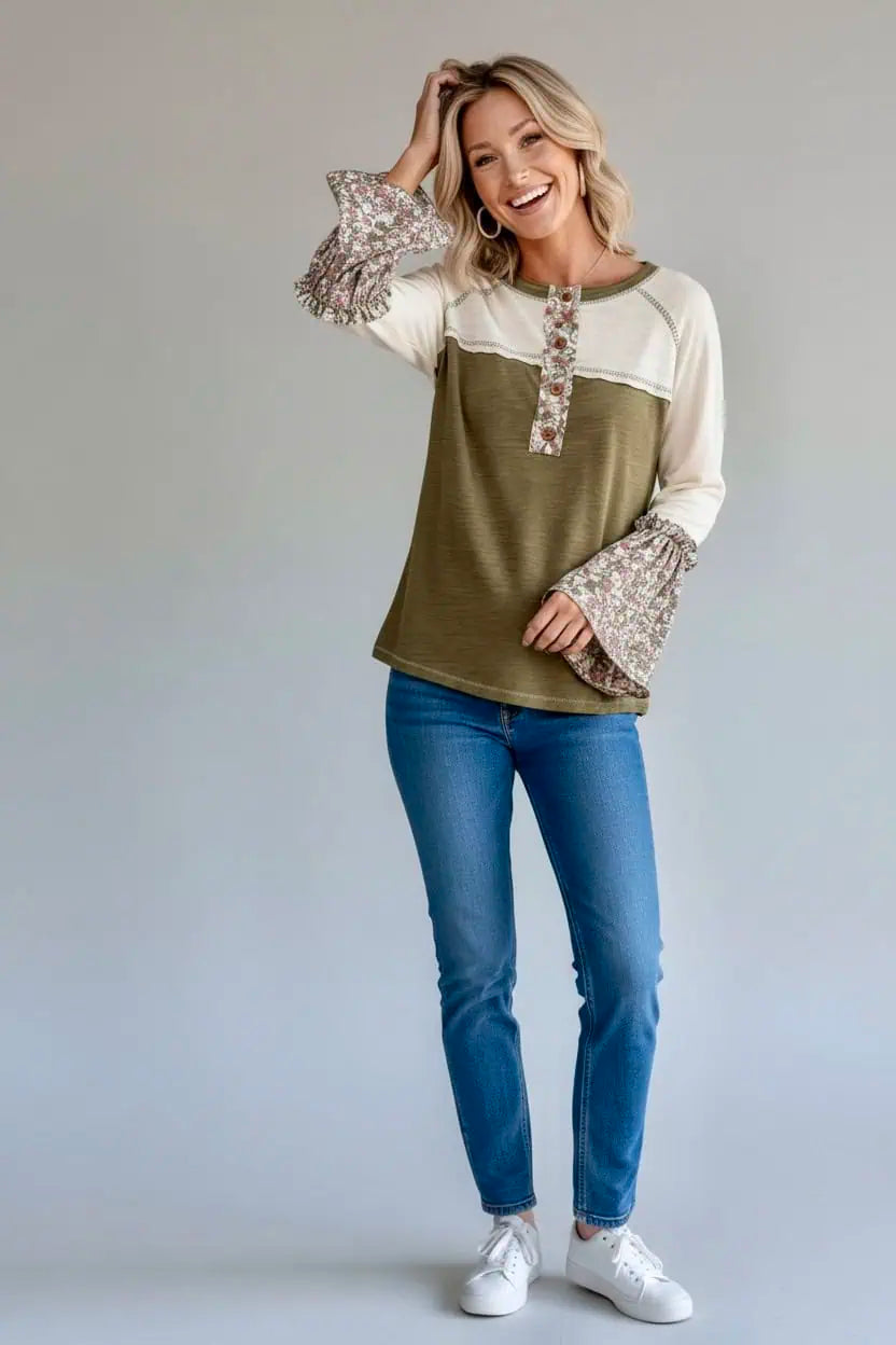 Kori America Floral Contrast Boho Bell Sleeve Cotton T-Shirt