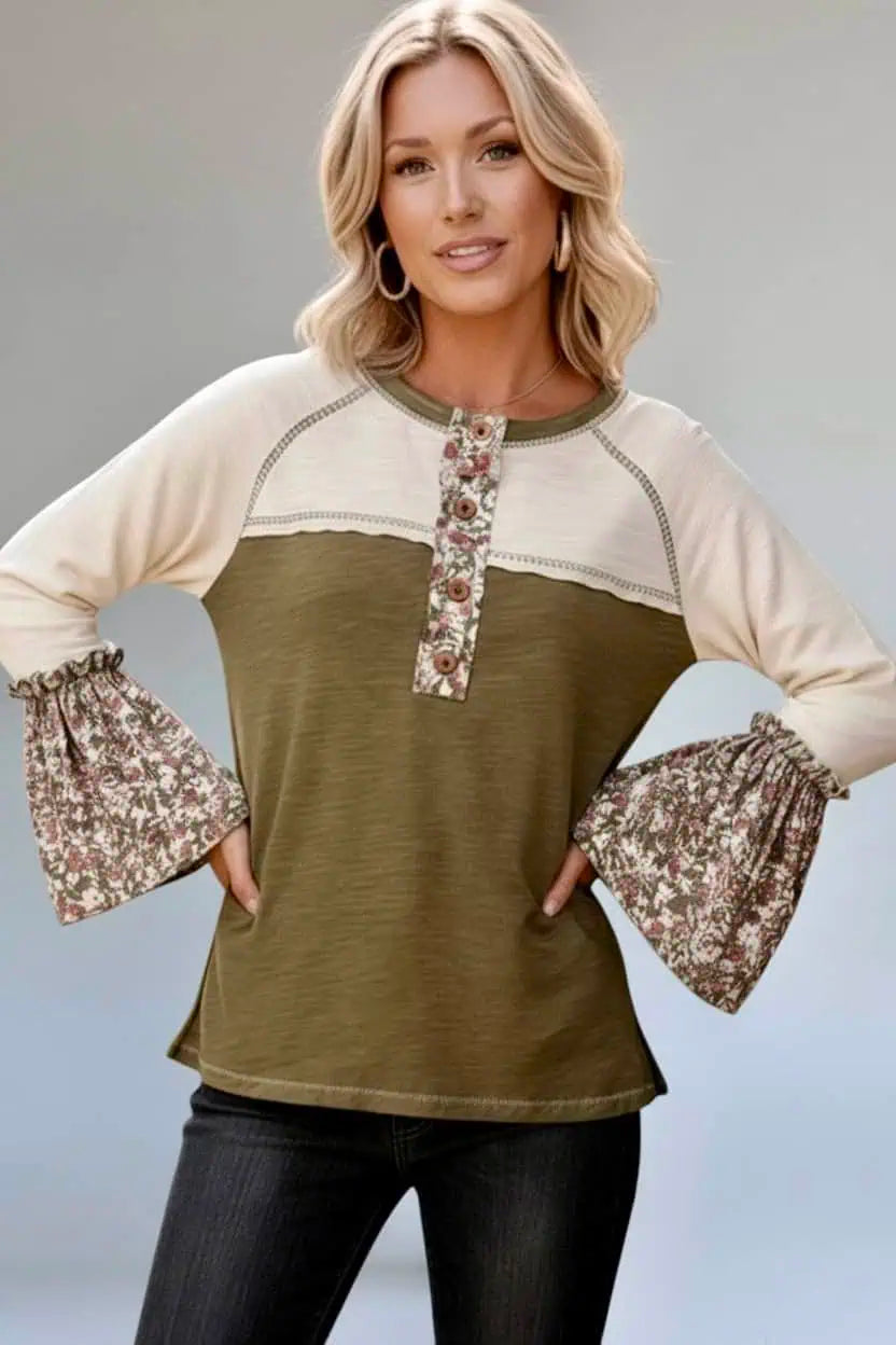 Kori America Floral Contrast Boho Bell Sleeve Cotton T-Shirt