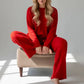 Vibrant red ribbed knit sweatsuit with wide-leg pants, plus size relaxed fit set