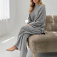 Cozy gray ribbed knit sweatsuit set with relaxed fit top and pants