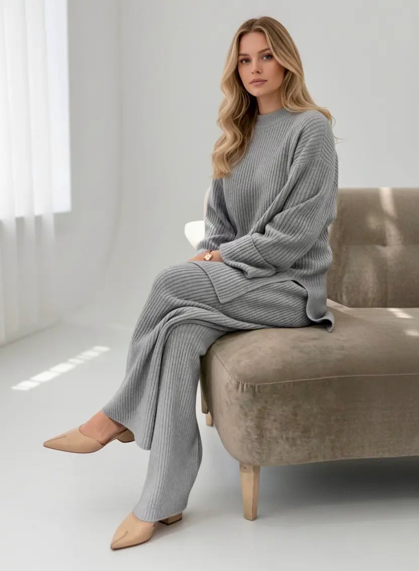 Cozy gray ribbed knit sweatsuit set with relaxed fit top and pants