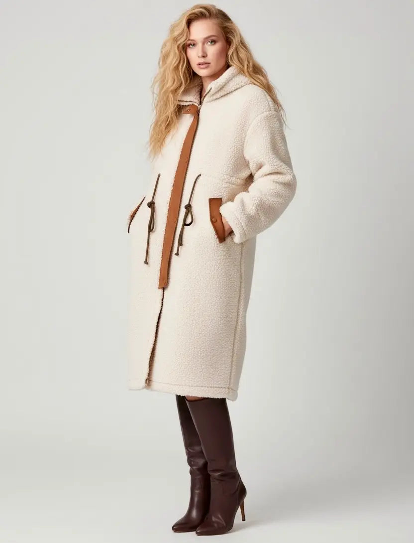 Plus size cream shearling coat with brown leather trim and drawstrings