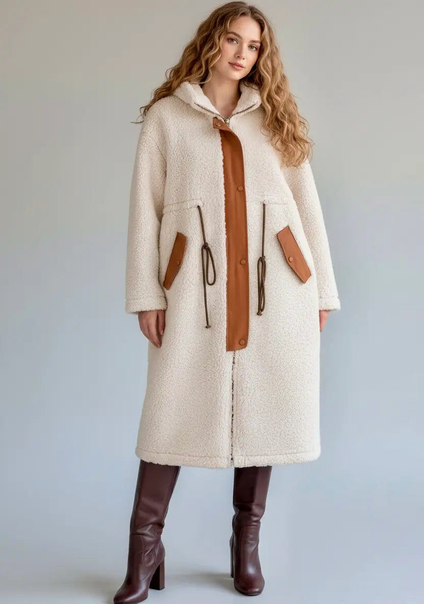 Plus Size Drawstring Zip Up Turtleneck Sherpa Coat