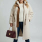 Plus size cream shearling coat with brown leather trim and drawstrings