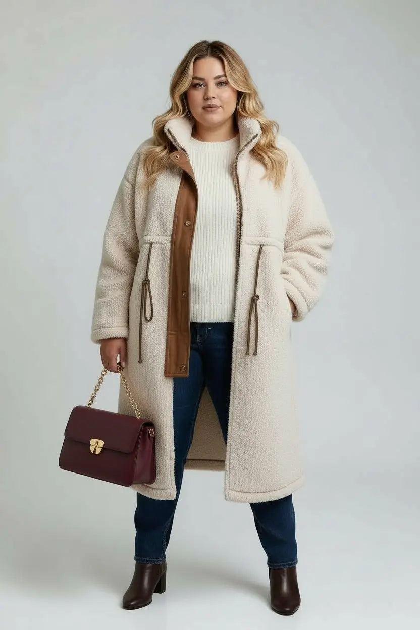 Plus size cream shearling coat with brown leather trim and drawstrings