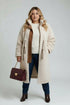 Plus size cream shearling coat with brown leather trim and drawstrings