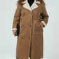 Plus size drop shoulder sherpa longline coat in tan with cream shearling trim
