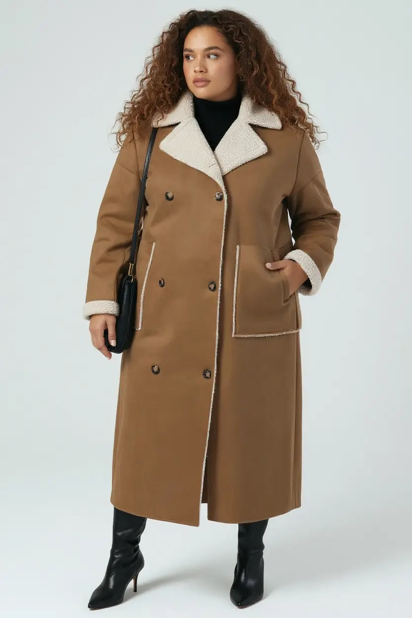 Plus size drop shoulder sherpa longline coat in tan with cream shearling trim