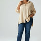 Beige oversized women’s 3/4 sleeve button-up shirt, relaxed fit