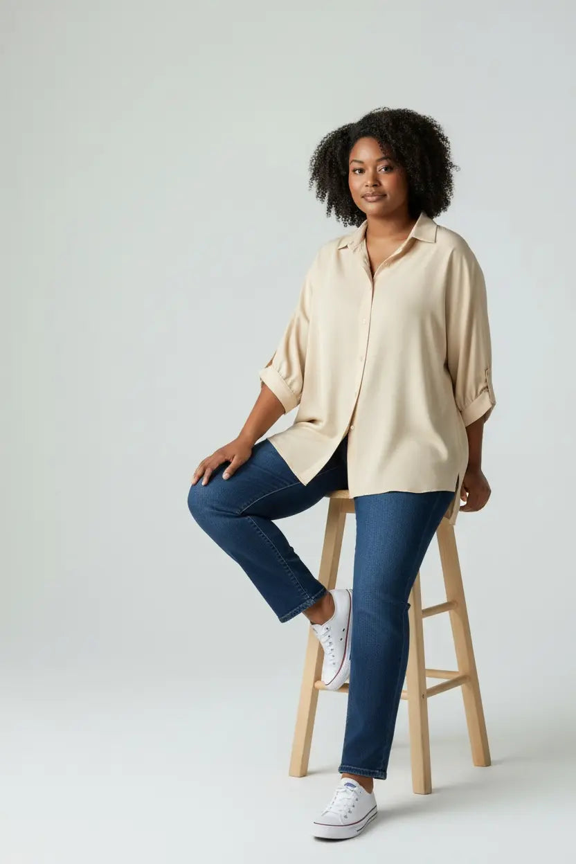 Beige oversized button-down shirt with rolled 3/4 sleeves