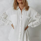 White textured cotton button-up shirt with lace sleeve detailing