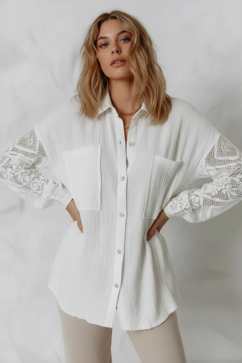 White textured cotton button-up shirt with lace sleeve detailing