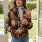 Cozy womens pocketed long sleeve plaid jacket with leather accents