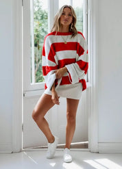 Daverri Fashions Full Size Contrast Striped Round Neck Sweater Plus Size